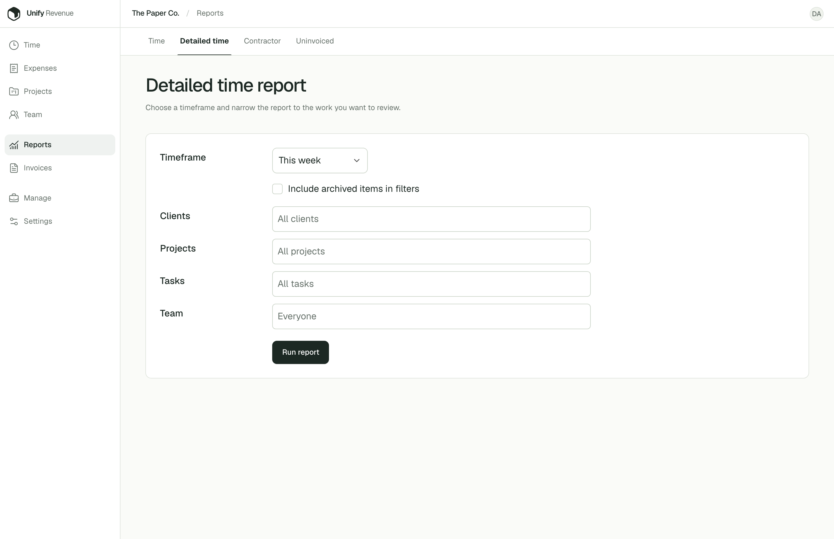 Unify Revenue detailed time report with dated entries, project names, teammates, notes, and hours