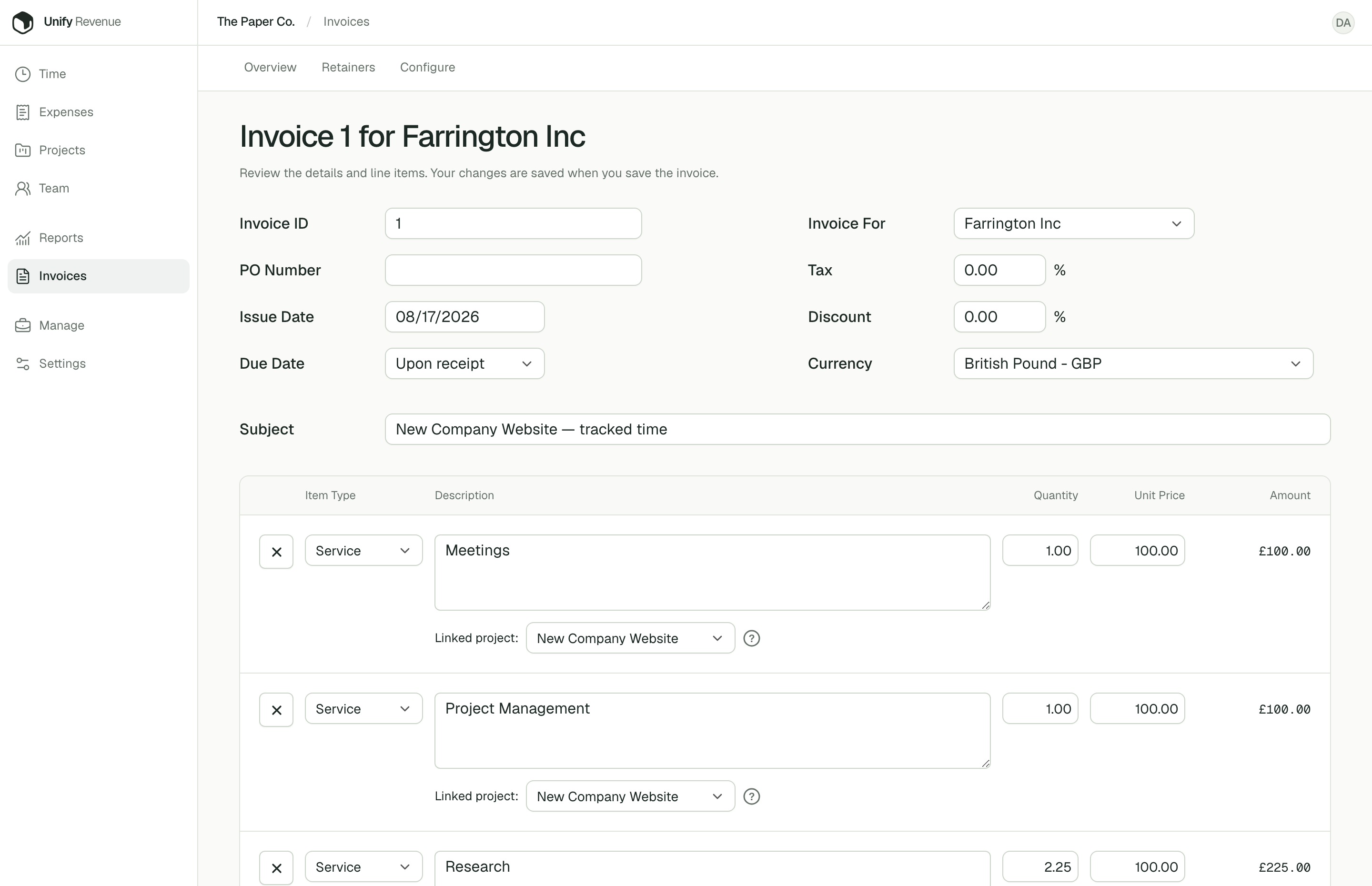 Unify Revenue invoice creation form with client selection and invoice details