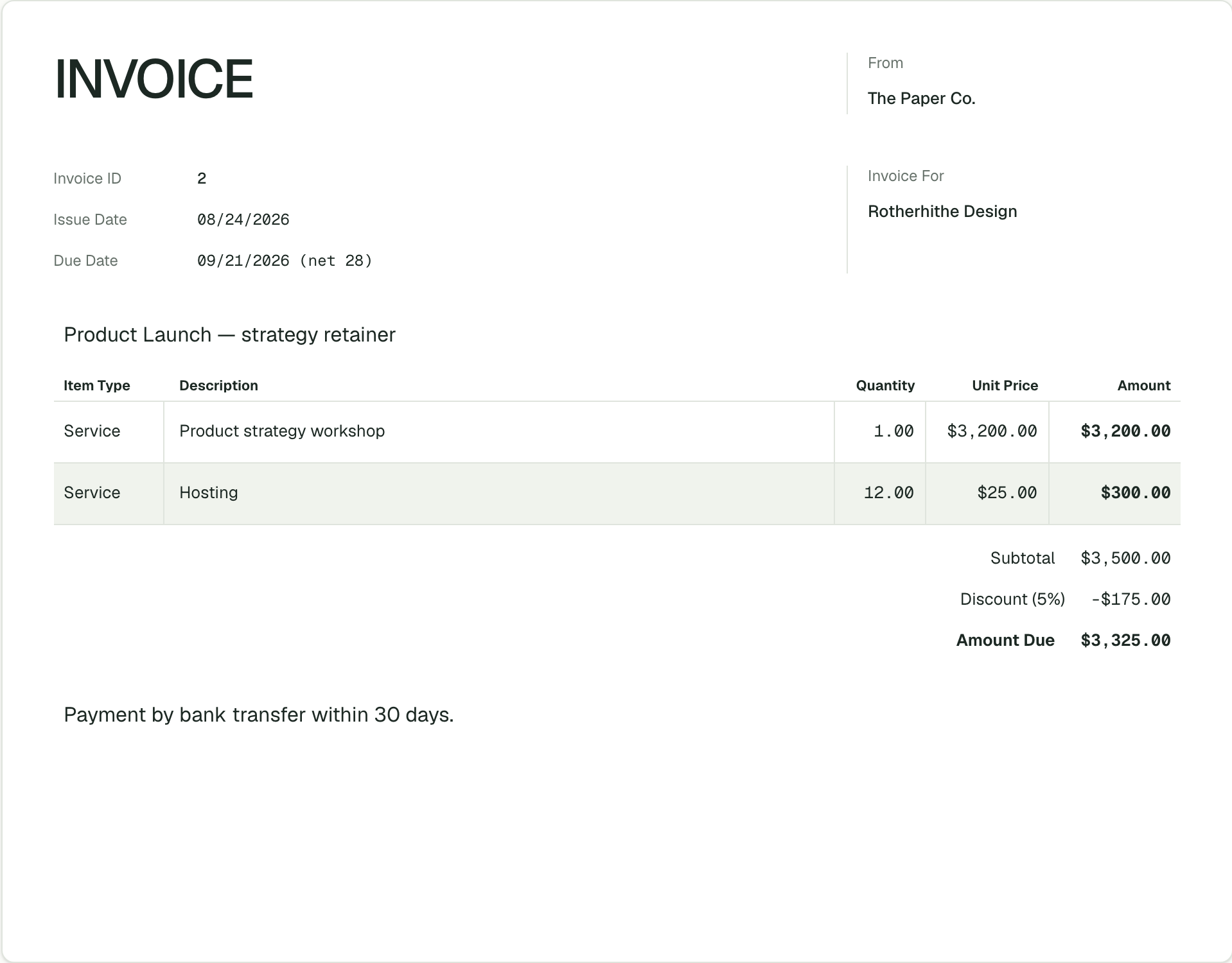 Unify Revenue client invoice for Rotherhithe Design with service line items, discount, and amount due