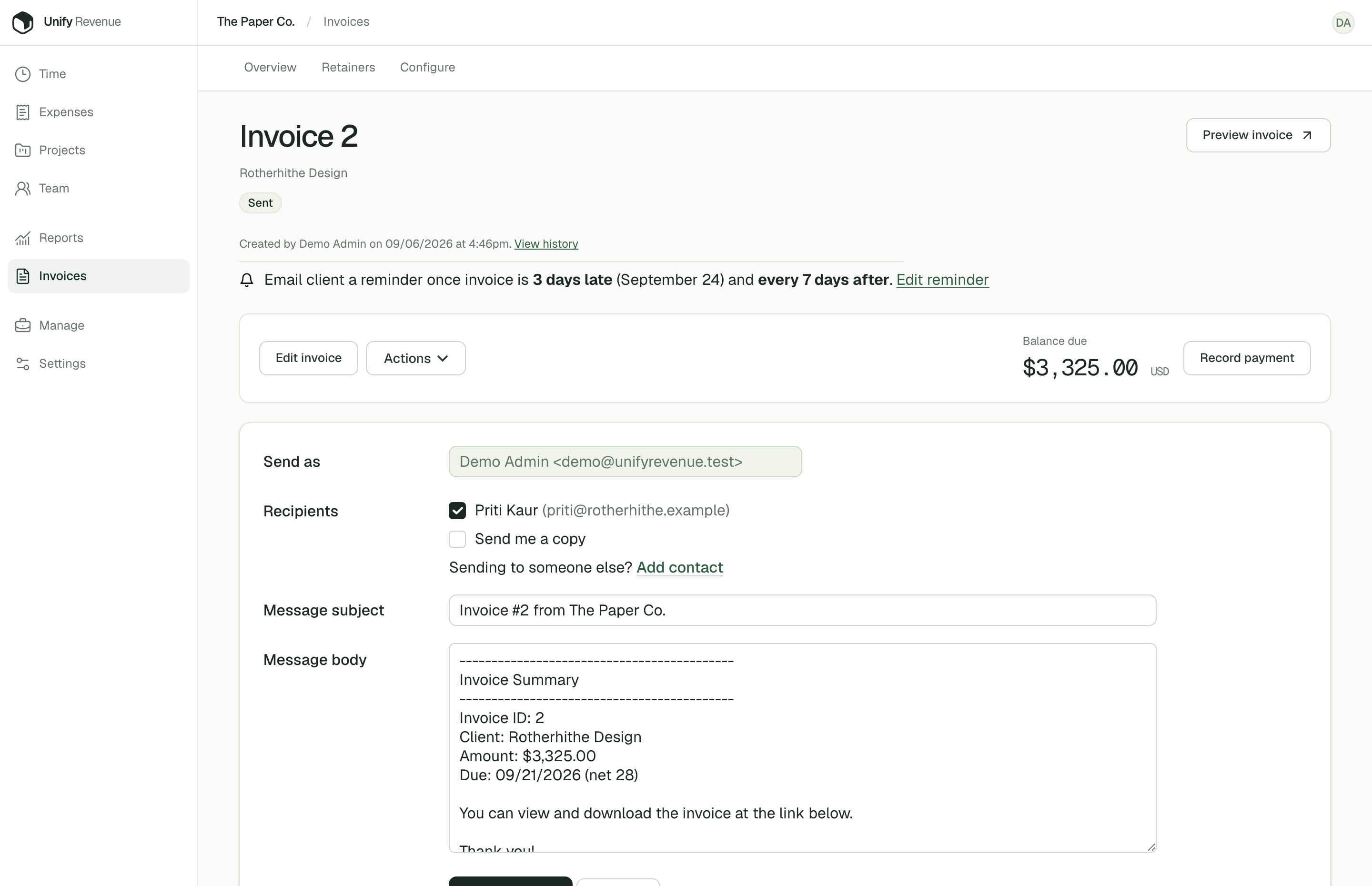Unify Revenue send invoice form with recipients, subject, personal message, and send controls