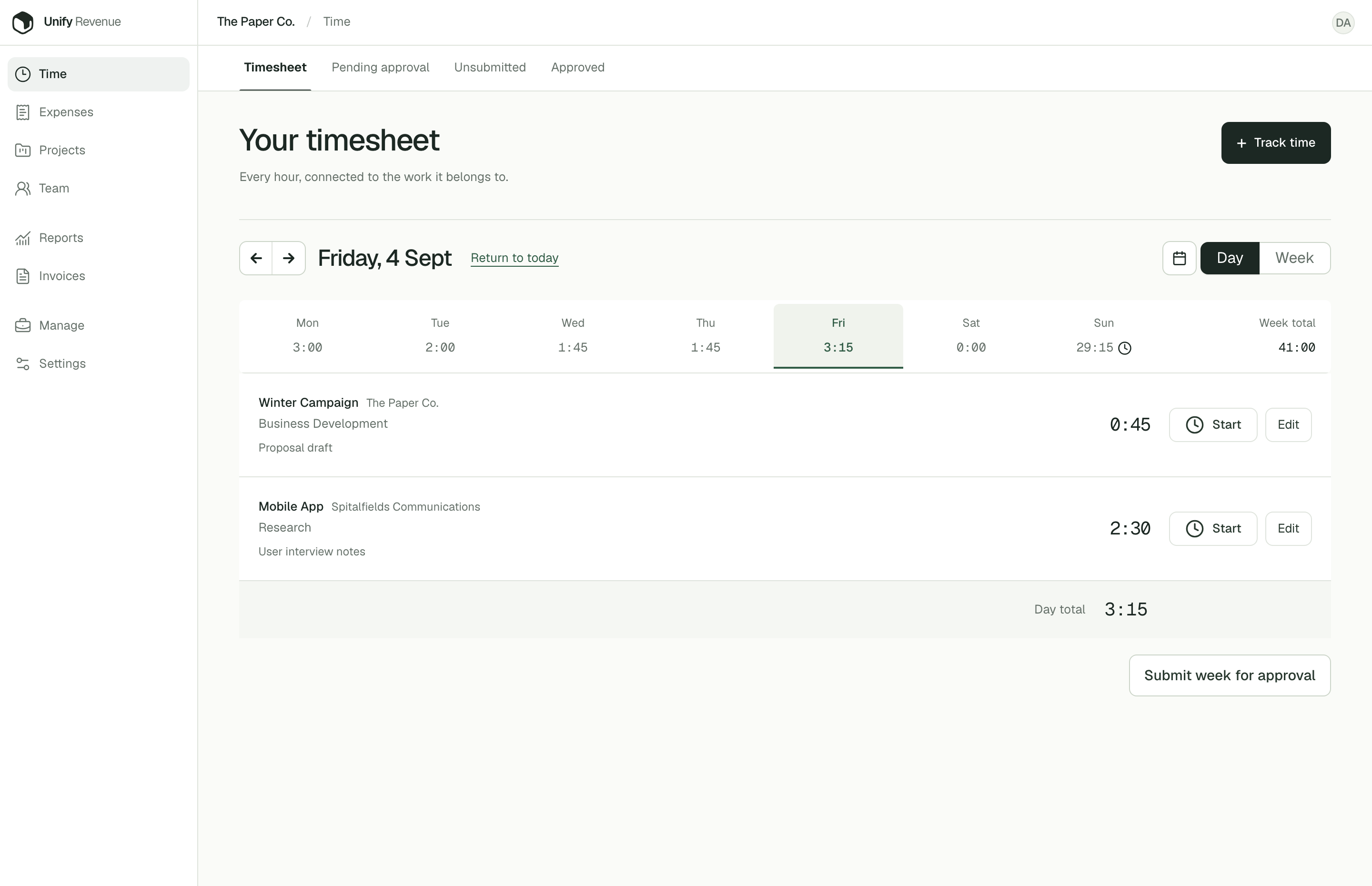 Unify Revenue daily timesheet with recorded project hours and controls to start a timer