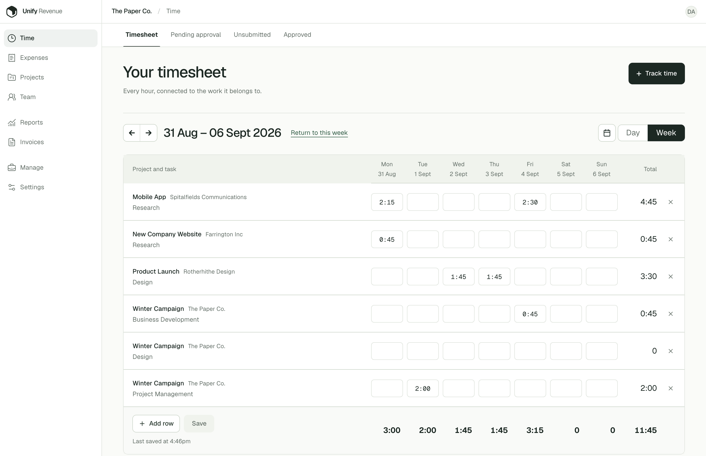 Unify Revenue weekly timesheet with project and task rows, daily hours, and weekly totals